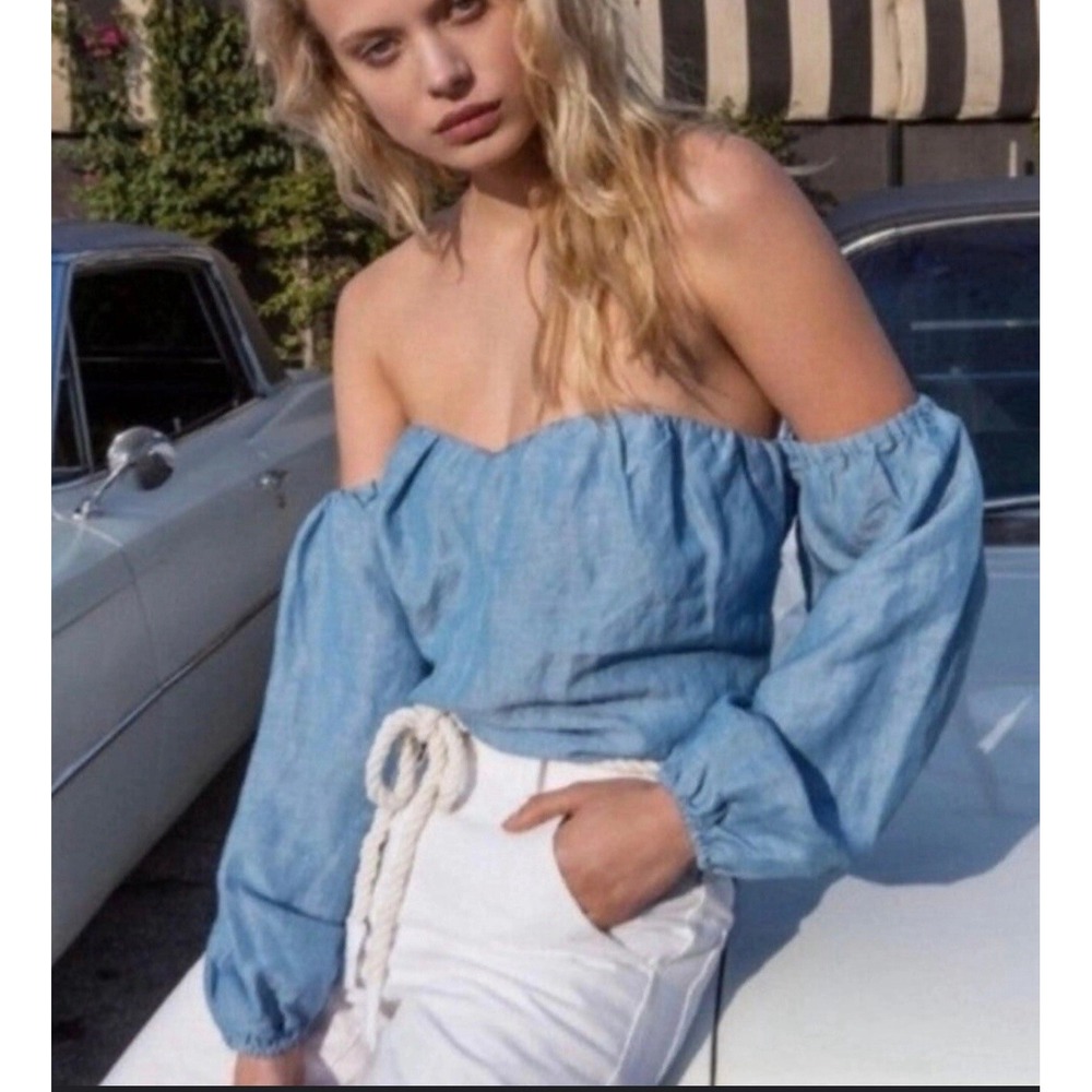 Free People Women's Blue Off Shoulder Top Ballon Sleeve‎ M Boho Linen Festival - Picture 2 of 11